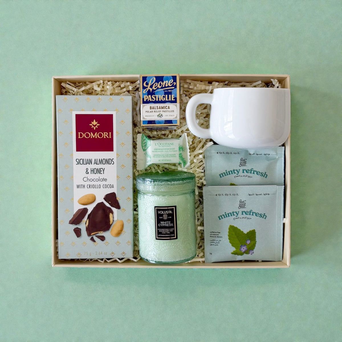 A get well gift box with tea, skincare and comforting treats