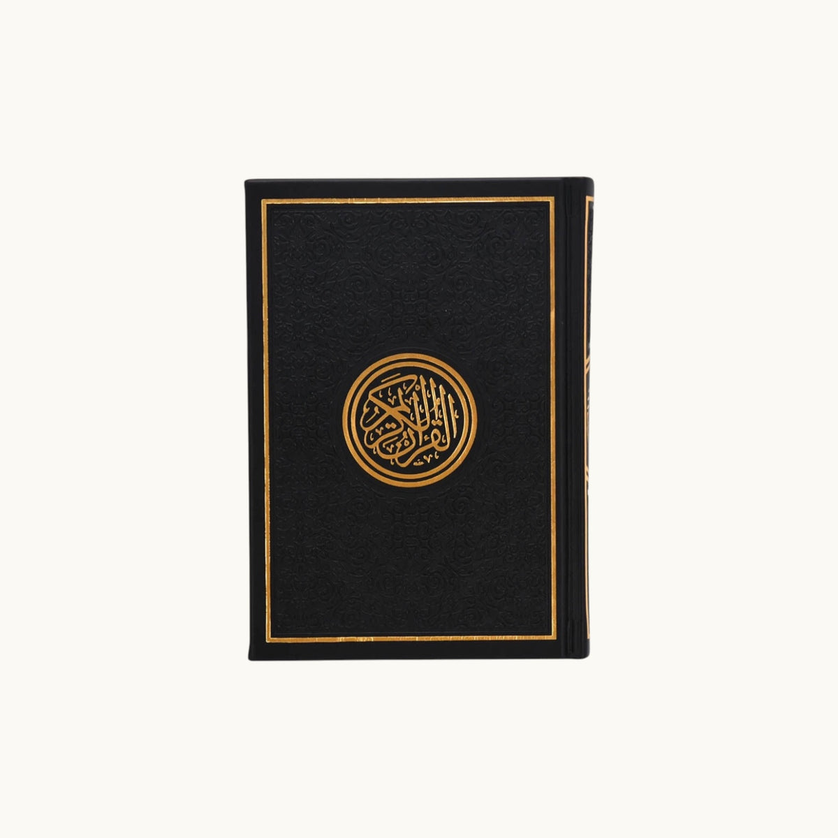 BGIFT compact Quran with a black cover featuring elegant gold calligraphy and decorative border details.