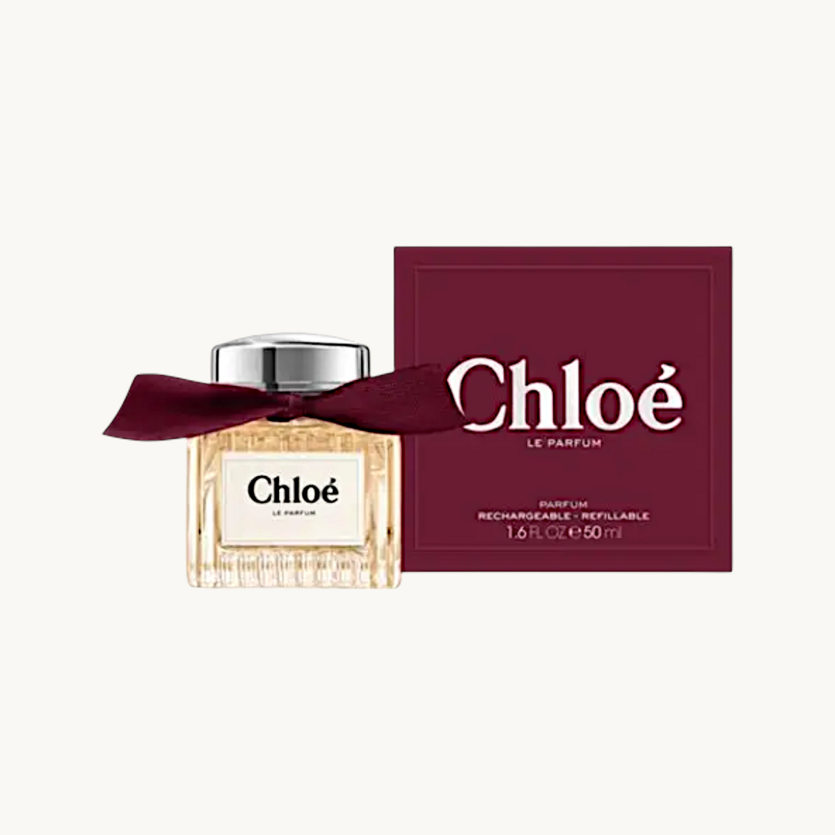 BGIFT Chloé Le Parfum 50ml spray bottle with pleated glass and burgundy ribbon next to its matching perfume box