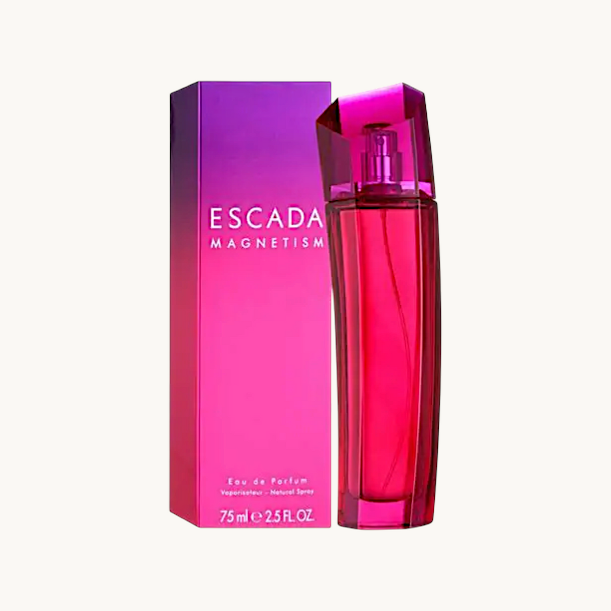 BGIFT Escada Magnetism Eau de Parfum for women in a vibrant pink sculptural glass bottle with matching box packaging.