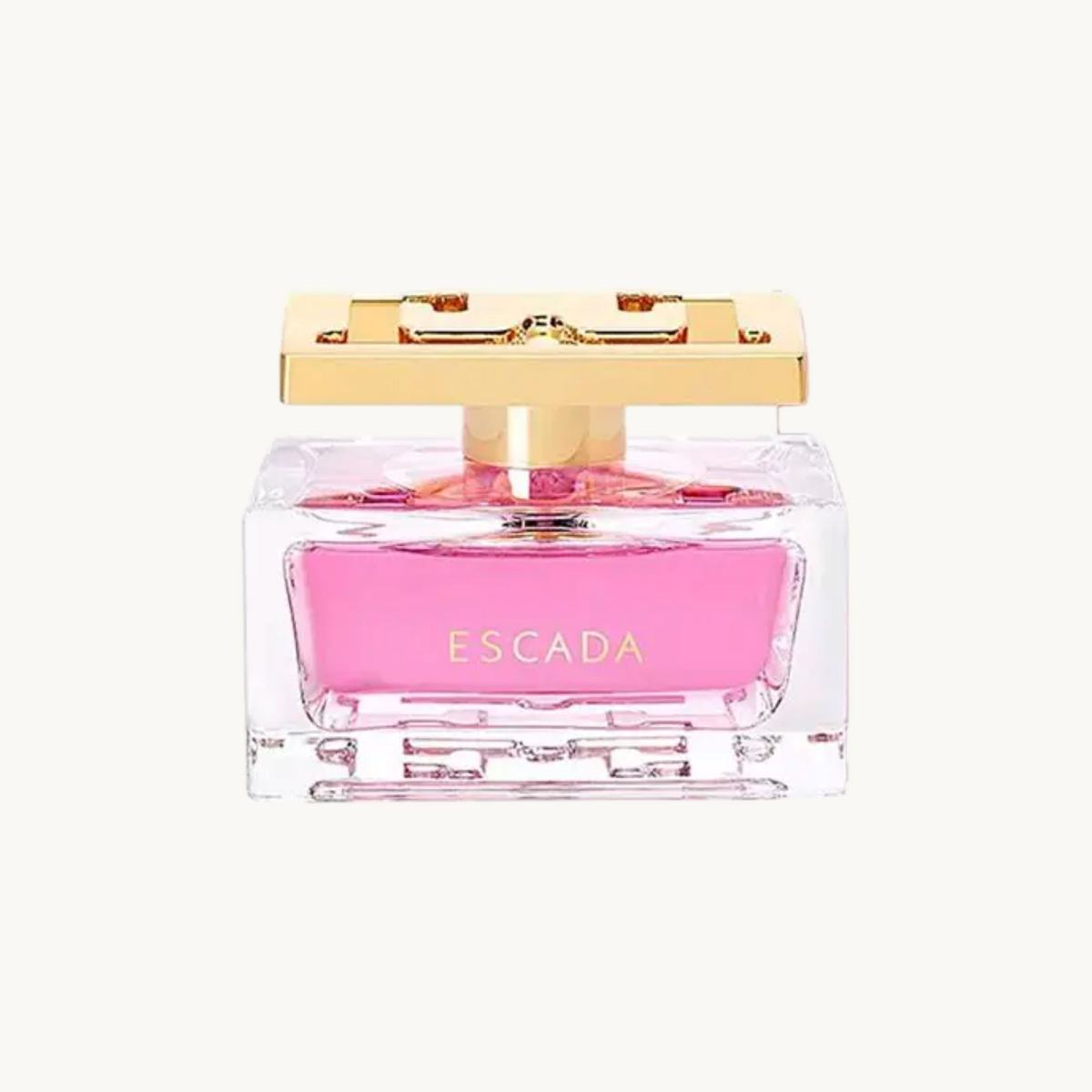 BGIFT ESCADA eau de parfum for women in a rectangular glass bottle with vibrant pink liquid and a gold-toned cap.