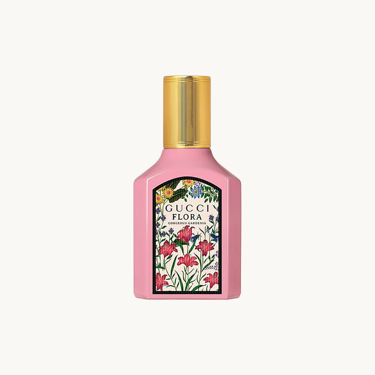 BGIFT Gucci Flora Gorgeous Gardenia perfume in a pink lacquered bottle with a gold cap and floral label design