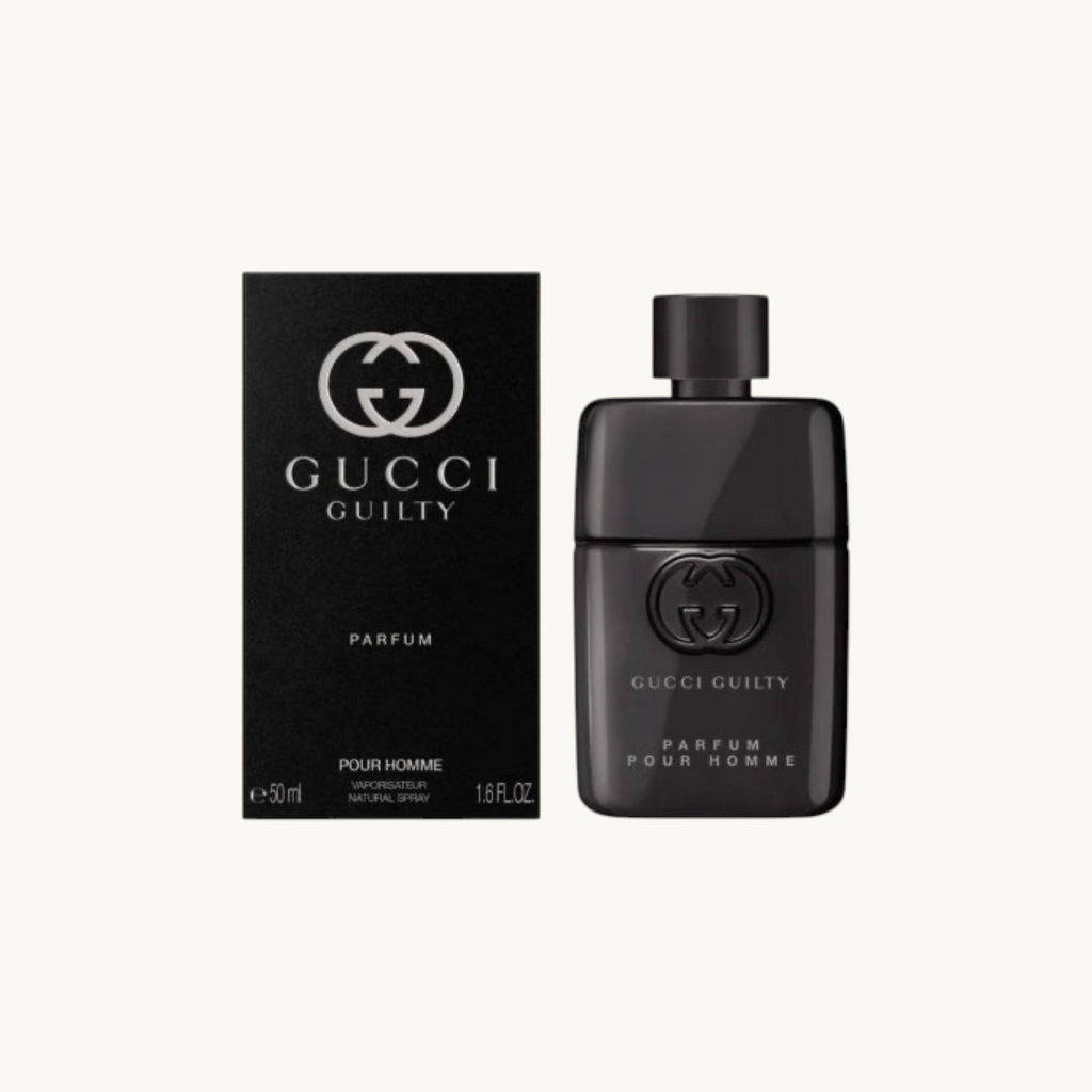 BGIFT Gucci Guilty Parfum Pour Homme fragrance bottle and black box packaging for men
