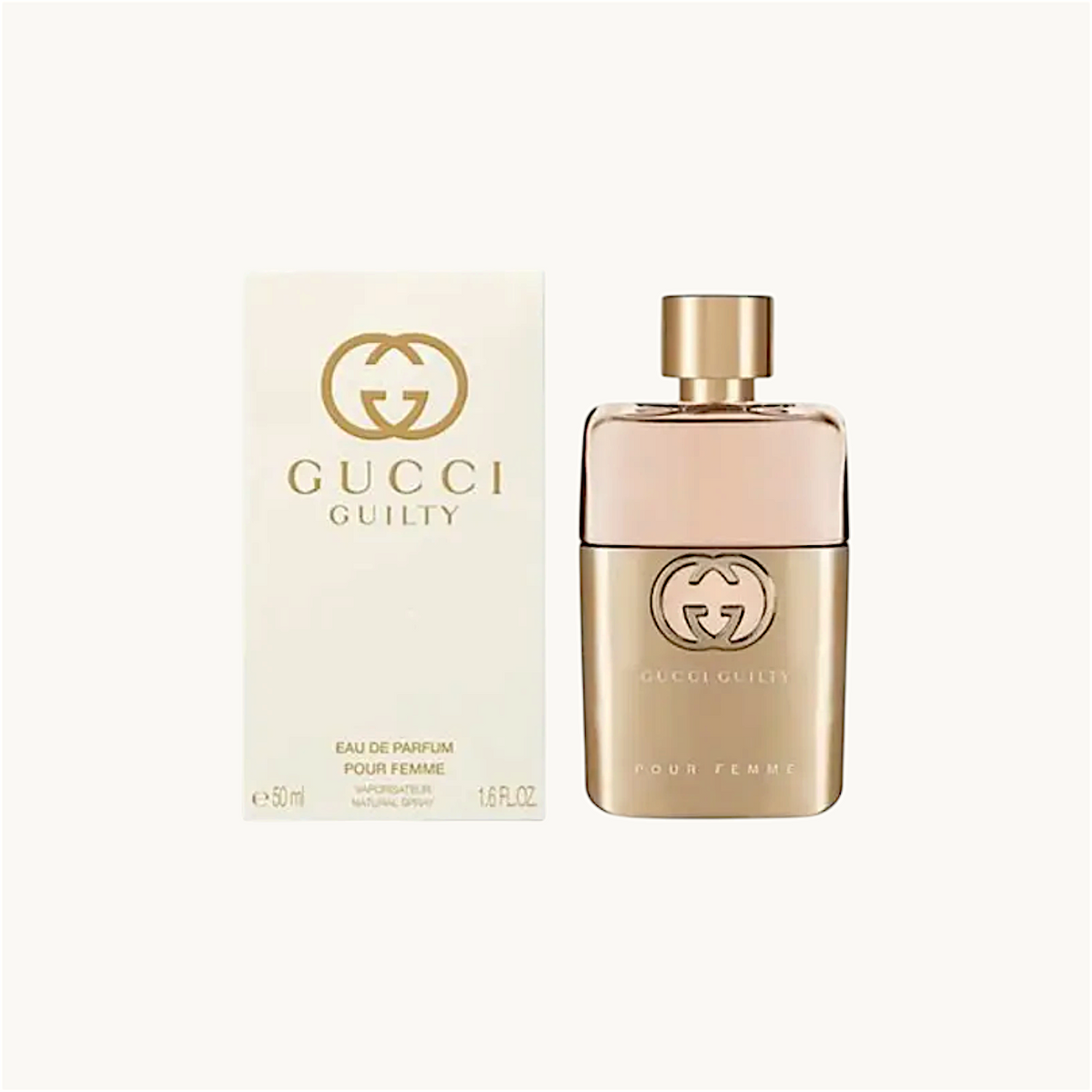 BGIFT Gucci Guilty Pour Femme Eau de Parfum in a sleek metallic gold bottle next to its white branded packaging.