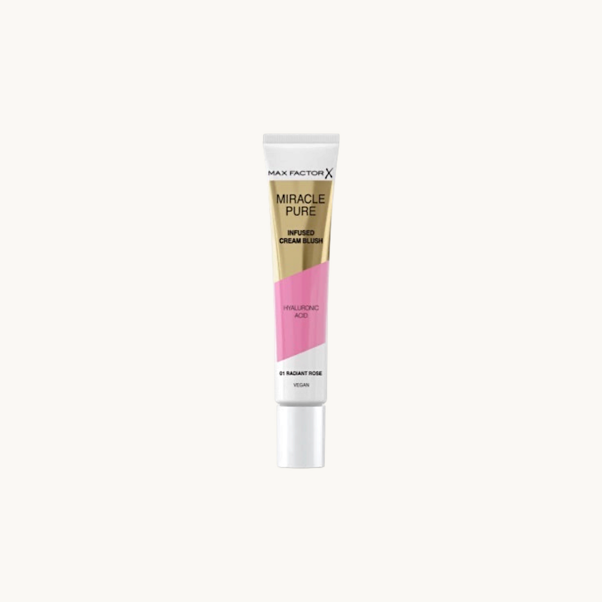 BGIFT Max Factor Miracle Pure cream blush in 01 Radiant Rose, a hydrating vegan formula in a travel-friendly tube.