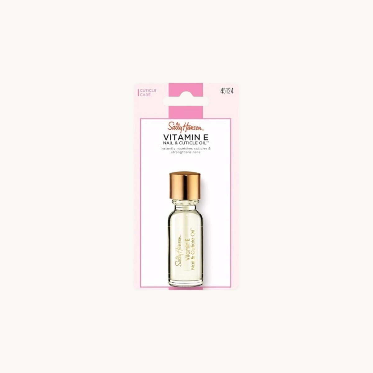 BGIFT Sally Hansen Vitamin E Nail and Cuticle Oil in a small glass bottle with a gold cap on a pink retail card.